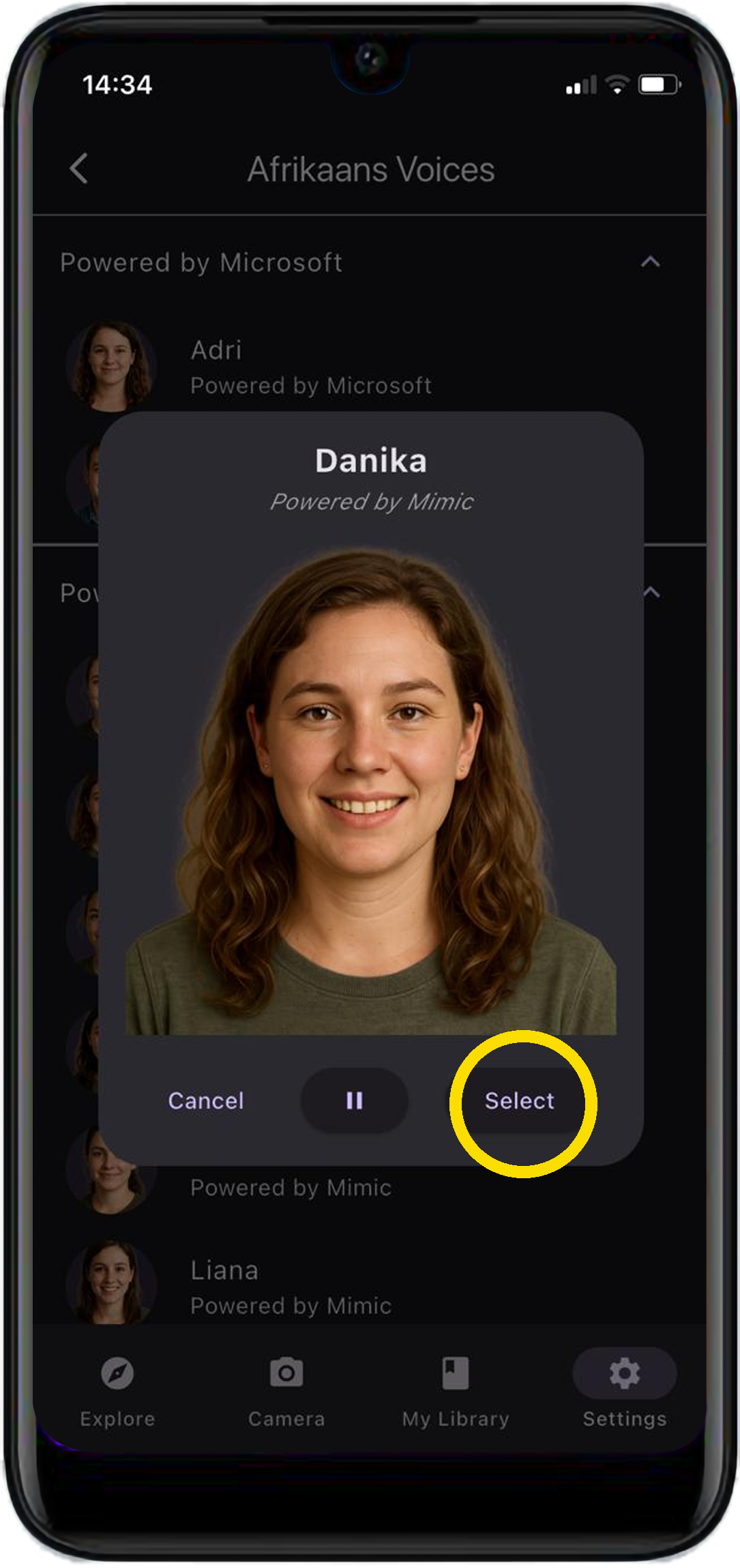 Umsizi Reader voice sample screen with Cancel, pause, and Select controls.